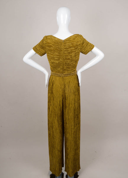 Gold Pleated Wide Leg Short Sleeve Belted Jumpsuit