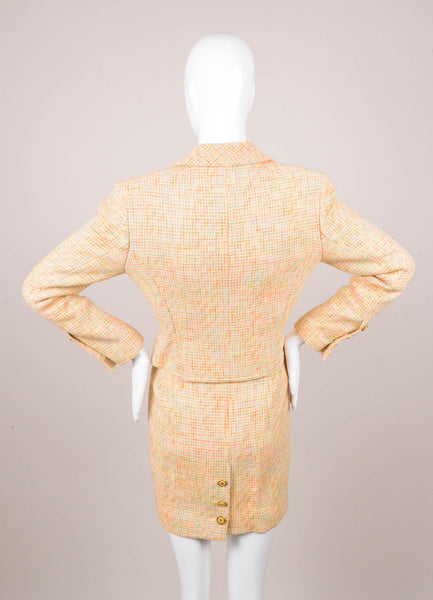 Orange, Tan, and Blue Knit Cotton and Wool Blend "CC' Button Skirt Suit