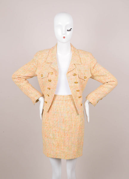 Orange, Tan, and Blue Knit Cotton and Wool Blend "CC' Button Skirt Suit