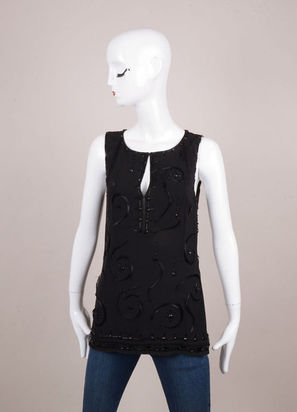 Black Bead and Feather Embellished Sleeveless Top