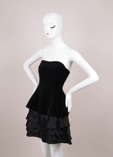 Black Velvet and Silk Organza Tiered Strapless Mini Dress