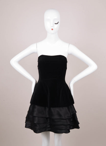 Black Velvet and Silk Organza Tiered Strapless Mini Dress