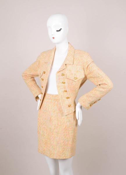 Orange, Tan, and Blue Knit Cotton and Wool Blend "CC' Button Skirt Suit