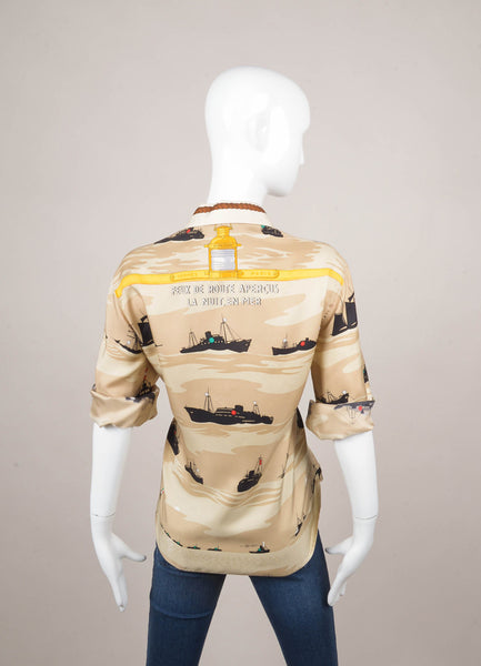 Tan, Black, and Yellow Silk Boat Print Button Down Blouse