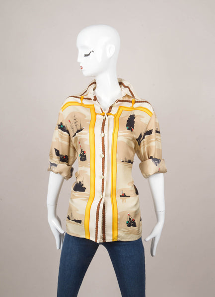 Tan, Black, and Yellow Silk Boat Print Button Down Blouse