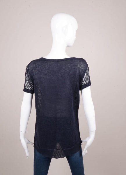 Navy Blue Loose Open Knit Short Sleeve Cotton Sweater