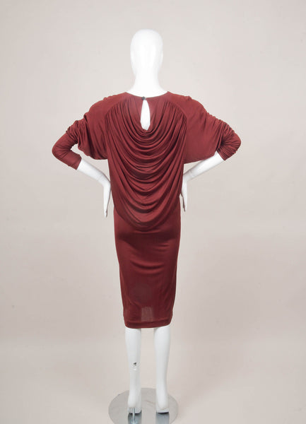 Maroon Long Sleeve Draped Panel Silk Dress