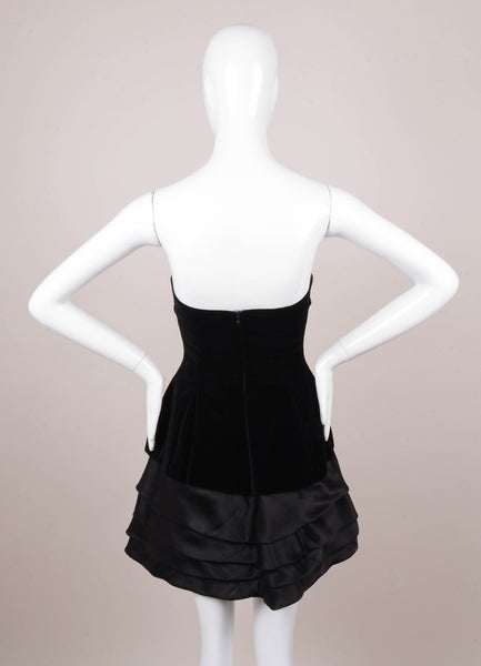 Black Velvet and Silk Organza Tiered Strapless Mini Dress