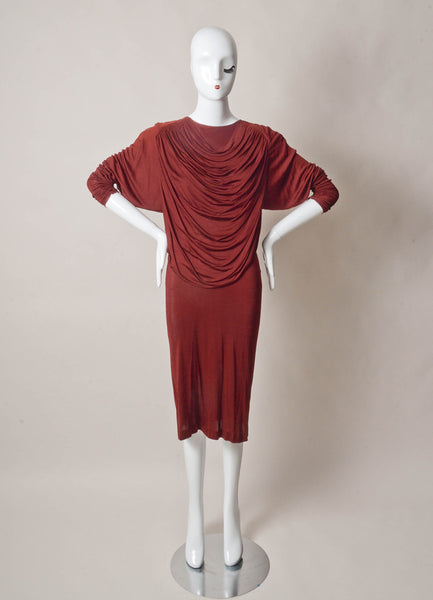 Maroon Long Sleeve Draped Panel Silk Dress