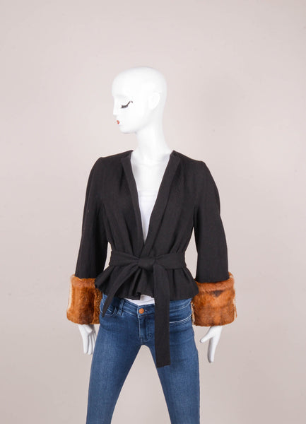 Black and Brown Wool and Cotton Belted Jacket With Fur Trim