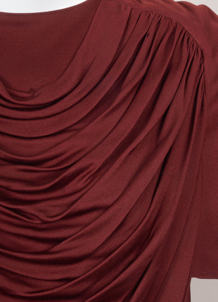 Maroon Long Sleeve Draped Panel Silk Dress