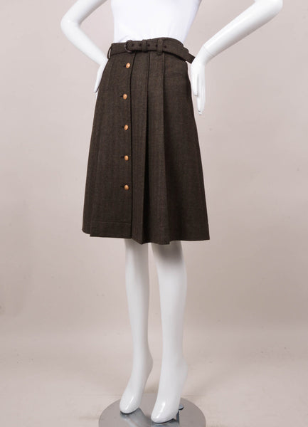 Brown Tweed Pleated Button Front Belted A Line Wool Skirt