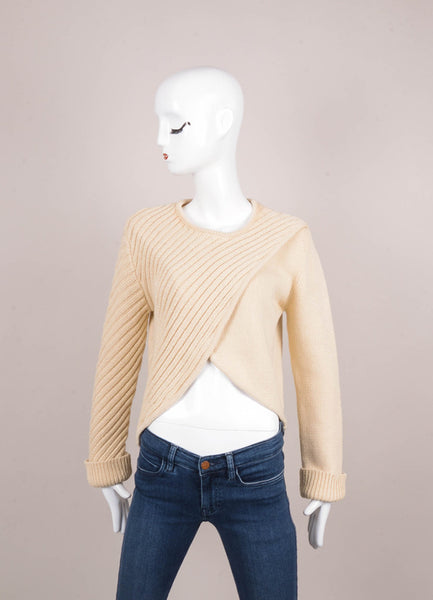 Cream Mixed Knit Wrap Front Long Sleeve Sweater