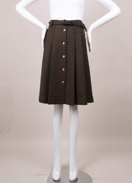 Brown Tweed Pleated Button Front Belted A Line Wool Skirt