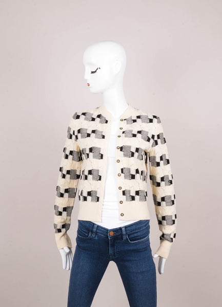 Cream and Black Checkered Cable Knit Sweater and Cardigan Set