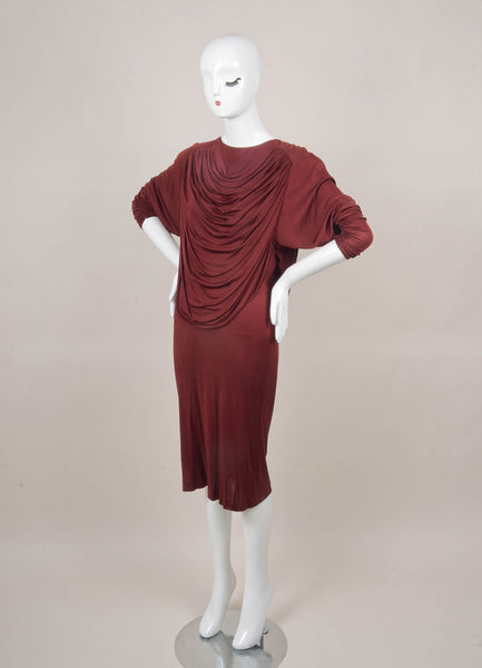 Maroon Long Sleeve Draped Panel Silk Dress