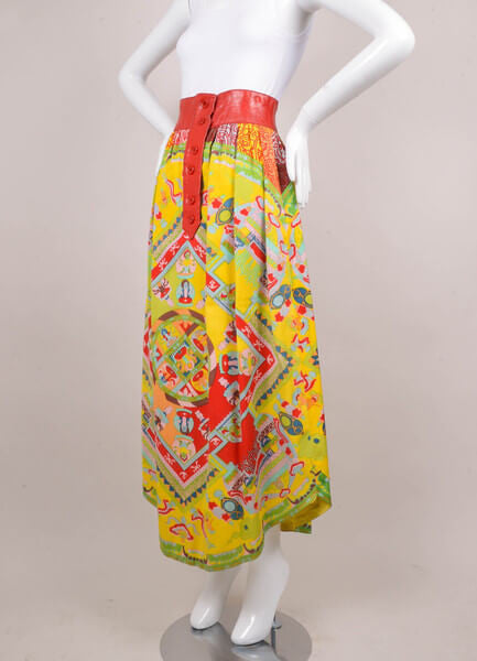 Yellow, Red, and Multicolor Printed Maxi Skirt With Leather Trim