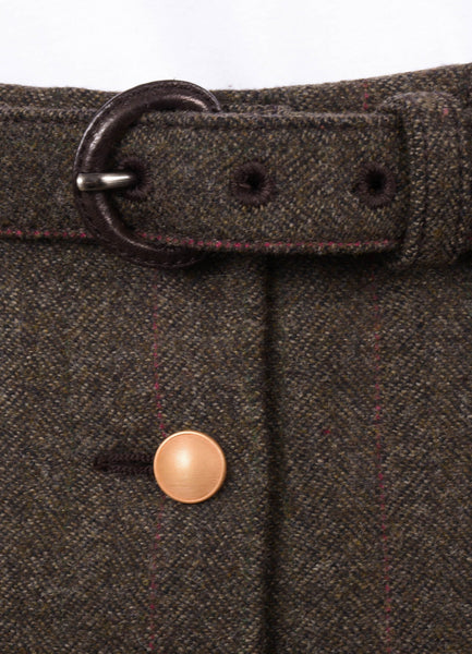 Brown Tweed Pleated Button Front Belted A Line Wool Skirt