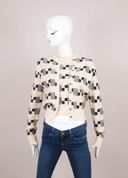 Cream and Black Checkered Cable Knit Sweater and Cardigan Set