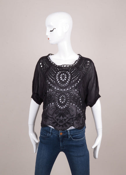 Black Cropped Eyelet Cotton Top