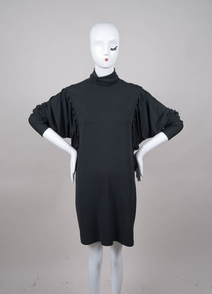 Black Pleated Dolman Sleeve Turtleneck Dress