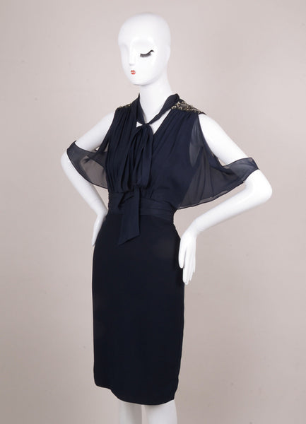 New With Tags Navy Blue Silk Sequin Chiffon Sleeve Dress