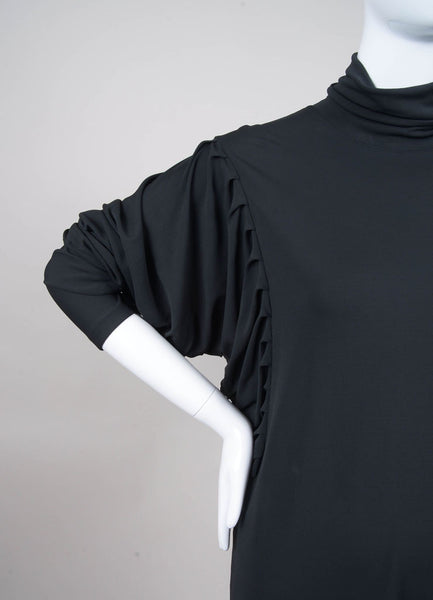 Black Pleated Dolman Sleeve Turtleneck Dress