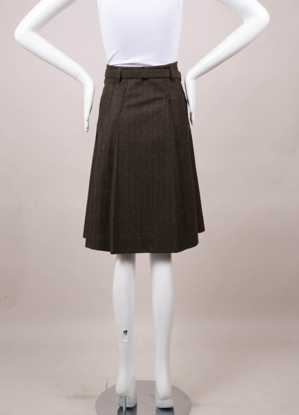 Brown Tweed Pleated Button Front Belted A Line Wool Skirt