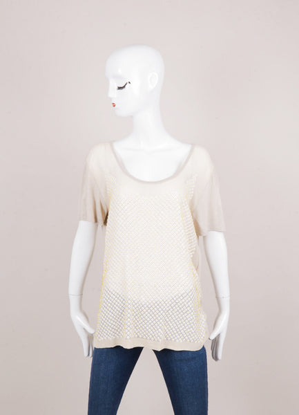 Beige Sequin and Bead Trim Scoop Neck T Shirt