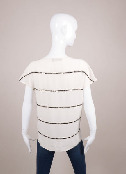 Cream and Black Decorative Stitched Short Sleeve Silk Top