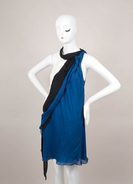 Blue and Black Colorblock Asymmetric Drape Silk Dress