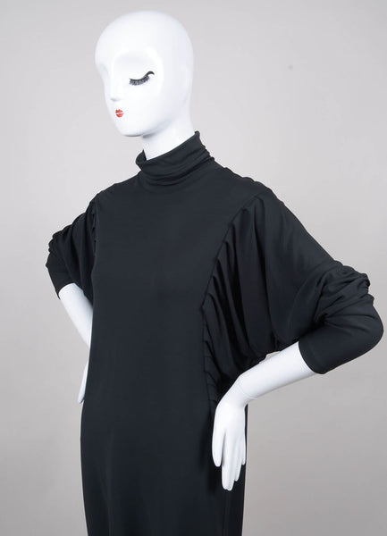 Black Pleated Dolman Sleeve Turtleneck Dress