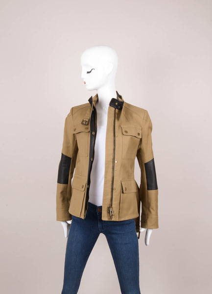 New Khaki and Brown Leather Trim Belted Utility Jacket