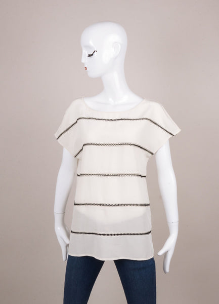 Cream and Black Decorative Stitched Short Sleeve Silk Top