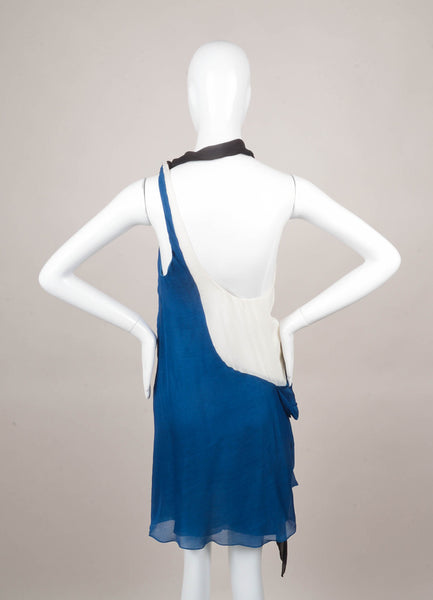 Blue and Black Colorblock Asymmetric Drape Silk Dress