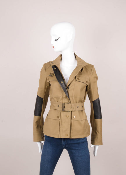 New Khaki and Brown Leather Trim Belted Utility Jacket