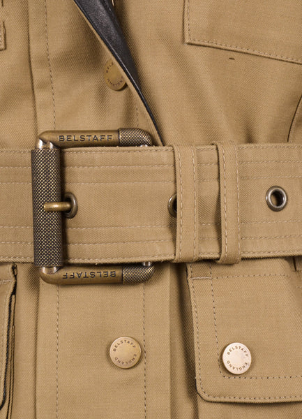 New Khaki and Brown Leather Trim Belted Utility Jacket