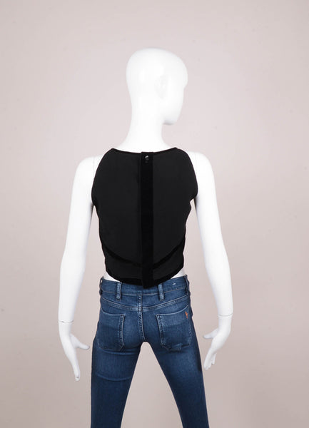 Black Abstract Velvet Trim Sleeveless Crop Top