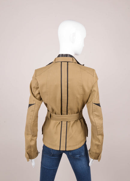 New Khaki and Brown Leather Trim Belted Utility Jacket