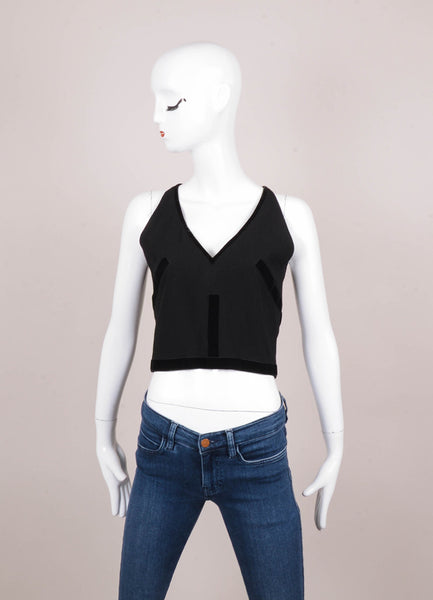 Black Abstract Velvet Trim Sleeveless Crop Top