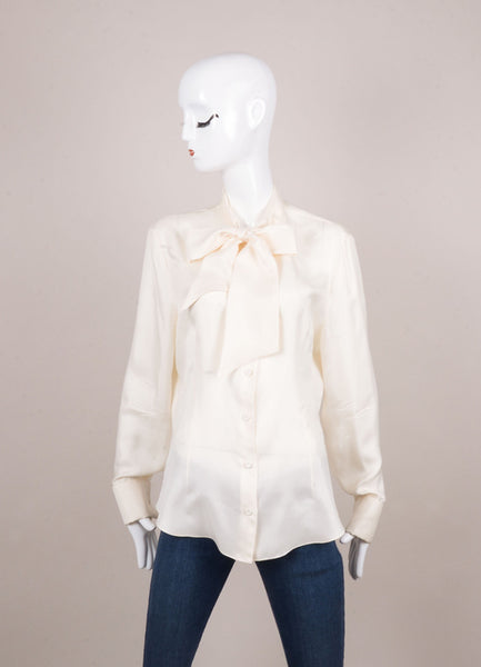 Cream Long Sleeve French Cuff and Neck Sash Buttoned Blouse