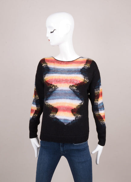 New With Tags Black and Multicolor Hand Knit Wool Stripe Sweater