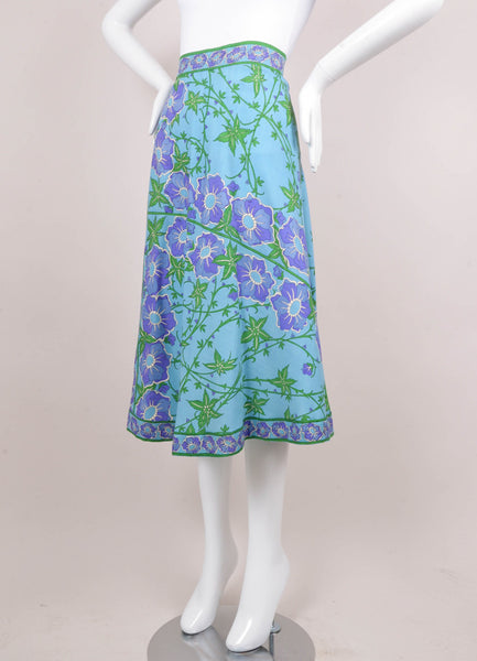 Blue and Green Wool Floral Print Skirt