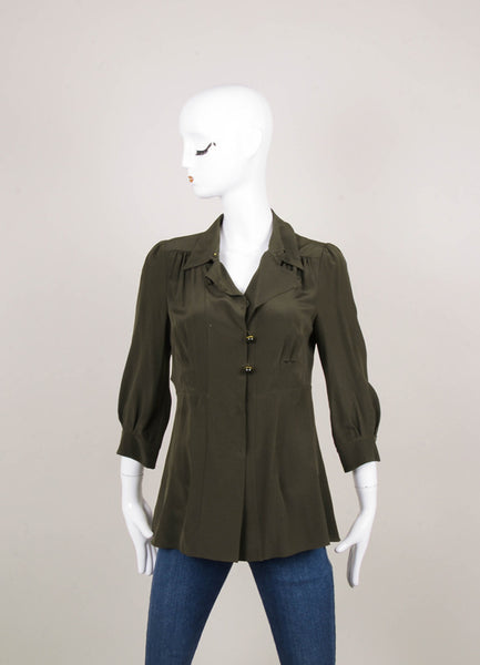 Dark Green Three Quarter Length Sleeve Silk Blouse