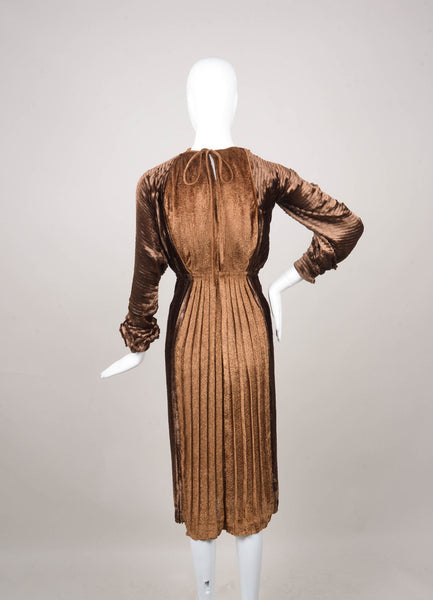 Brown Soft Ribbed and Pleated Tie Back Dress