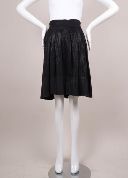 Black Coated Knit Pleated Knee Length Circle Skirt