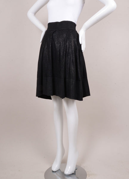 Black Coated Knit Pleated Knee Length Circle Skirt