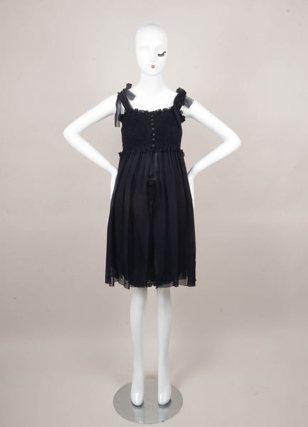 Navy Silk Sleeveless Smocked Ruffle Dress With Cover Up