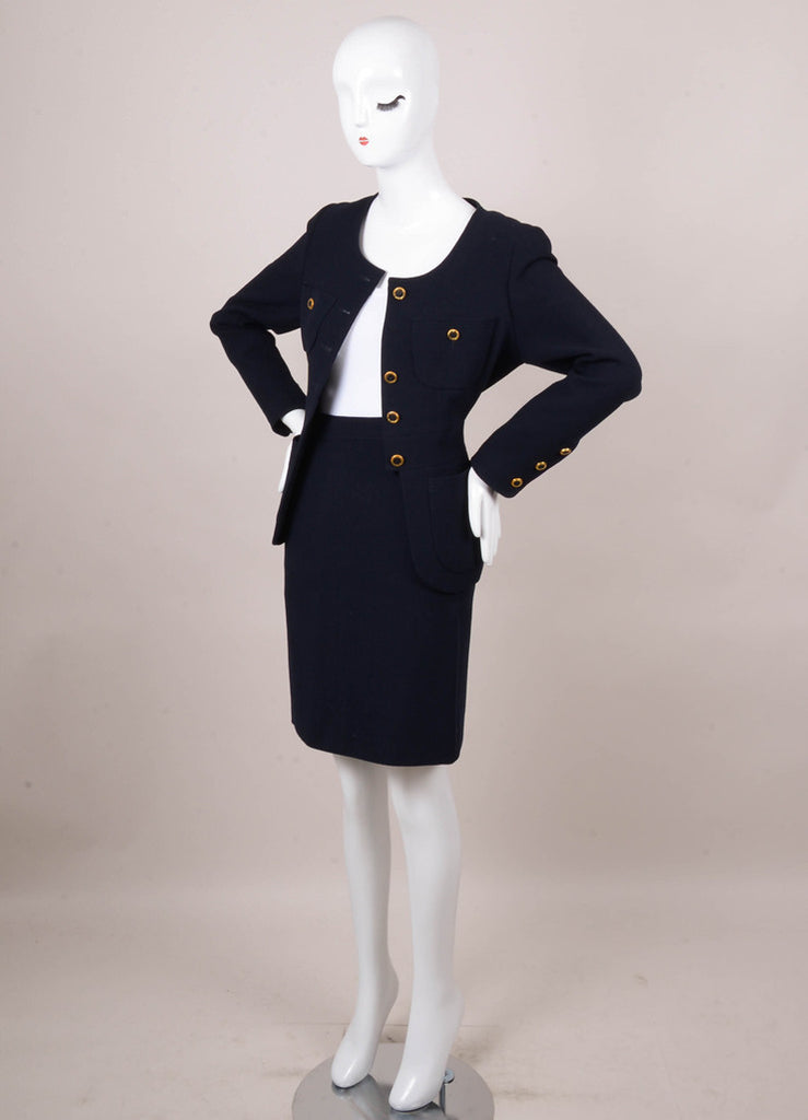Navy Woven Skirt Suit With Gold Buttons