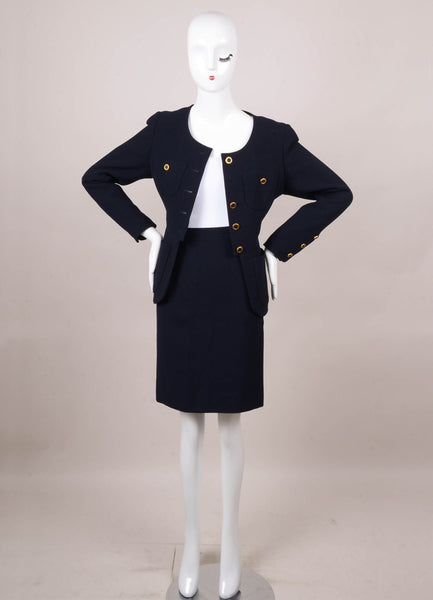 Navy Woven Skirt Suit With Gold Buttons